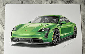 Unter all seinen Kunstwerken ist der grüne Porsche Taycan seine liebste Zeichnung. Unter all seinen Kunstwerken ist der grüne Porsche Taycan seine liebste Zeichnung.