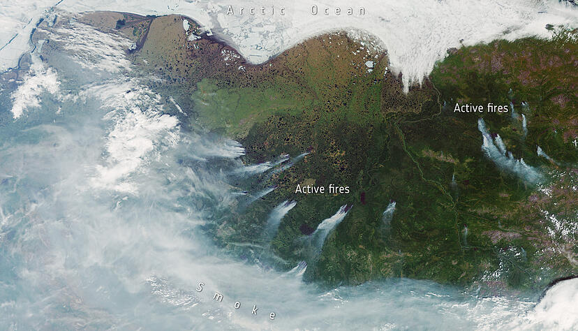 Waldbrände in Sibirien am 23. Juni 2020, aufgenommen von einem Satelliten des Copernicus-Programms. Foto: ESA, CC BY-SA 3.0