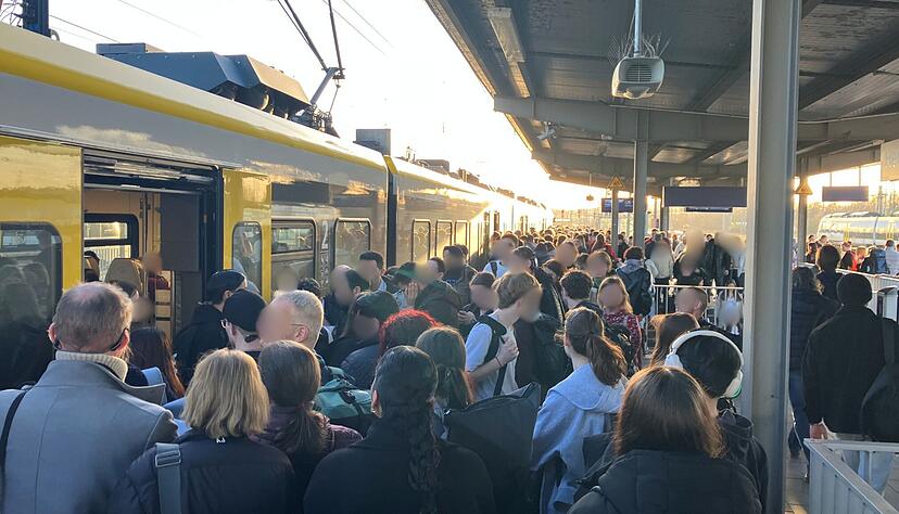 Fahrg&auml;ste dr&auml;ngen am Bahnhof Heilbronn in einen Zug nach Stuttgart. Szenen wie hier Ende Februar wiederholen sich auf der Strecke.
