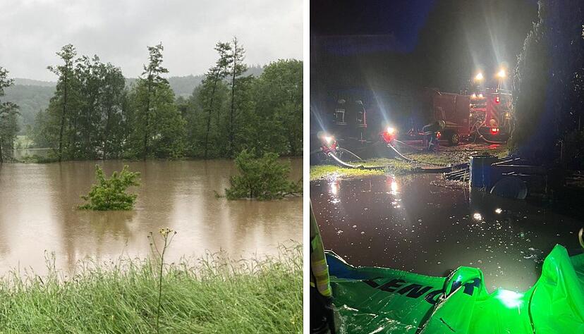Die Schozach trat über die Ufer, die Feuerwehr baute Wassersperren auf. Die Schozach trat über die Ufer, die Feuerwehr baute Wassersperren auf.