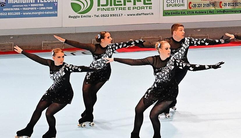 Bei der Europameisterschaft im Mai erreichte Samira Hotz mit ihrem Team den fünften Platz im Rollkunstlauf, rechts vorne: Samira Hotz.
Foto: privat