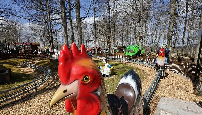 Auf dem «wilden Gockel» können Besucher im Freizeitpark Traumland auf der Bärenhöhle bei Sonnenbühl auf der Schwäbischen Alb reiten. Auf dem «wilden Gockel» können Besucher im Freizeitpark Traumland auf der Bärenhöhle bei Sonnenbühl auf der Schwäbischen Alb reiten.