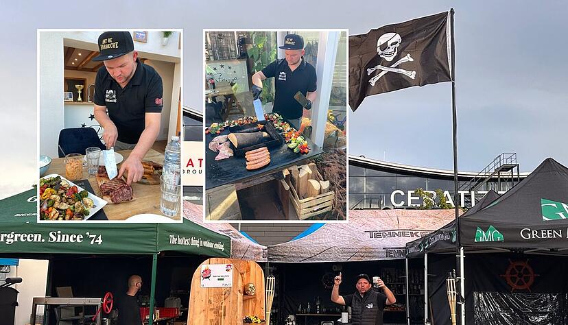 Der Stand der Black Pearl BBQ Crew bei der Deutschen Meisterschaft an der Messe Stuttgart und Jürgen Danczyk in der heimischen Außenküche: Das eigene Equipment wird der sechsköpfigen Truppe bei der WM in Costa Rica fehlen. Der Stand der Black Pearl BBQ Crew bei der Deutschen Meisterschaft an der Messe Stuttgart und Jürgen Danczyk in der heimischen Außenküche: Das eigene Equipment wird der sechsköpfigen Truppe bei der WM in Costa Rica fehlen.