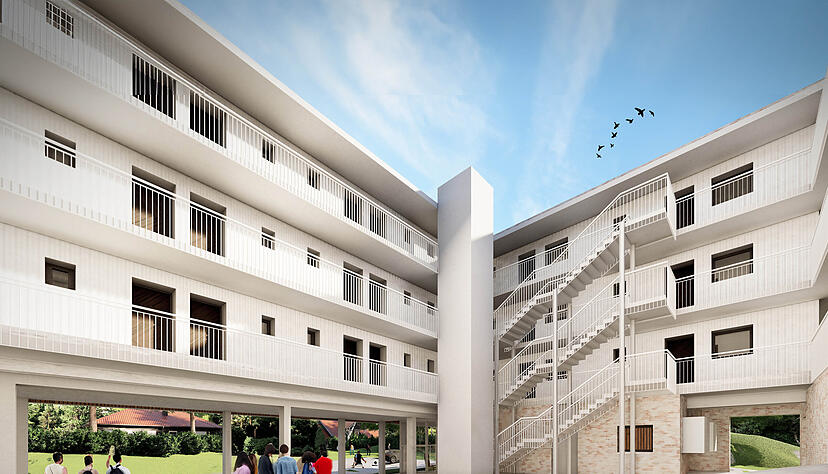 So wird das Studentenwohnheim Künzelsau - aus Perspektive des Innenhofes - aussehen. Fertig werden soll der Neubau Ende 2026.