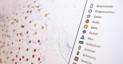 Eine Karte aus dem «Sprachatlas Nord Baden-Württemberg» zeigt die Verbreitung verschiedener Begriffe für Marmelade bzw. Eingemachtes. Foto: Archiv/dpa