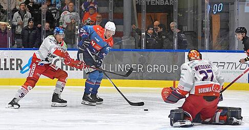 Thore Weyrauch (Mitte) erzielt beim souveränen Sieg der Heilbronner Falken bei den Selber Wölfen einen Treffer.