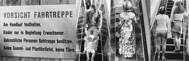 1971: Die Rolltreppen der kleinen Harmonie-Unterführung sind seit Juli in Betrieb. Sie gebieten strikte Verhaltenmaßregeln und zeigen ungewöhnlich neckische Ansichten. 1971: Die Rolltreppen der kleinen Harmonie-Unterführung sind seit Juli in Betrieb. Sie gebieten strikte Verhaltenmaßregeln und zeigen ungewöhnlich neckische Ansichten.