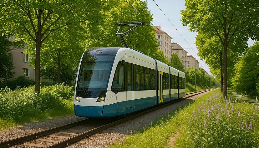 So wie auf diesem KI-generierten Bild stellt sich die Stadtverwaltung von K&uuml;nzelsau k&uuml;nftig Trasse und Z&uuml;ge auf einer reaktivierten Kochertalbahn vor.