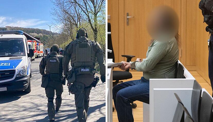Der Angeklagte soll vor einem Jahr in Boxberg-Bobstadt mit einem Schnellfeuergewehr auf Polizisten geschossen haben (links). Ihm wird mehrfacher versuchter Mord zur Last gelegt, verhandelt wird im streng gesicherten OLG-Prozessgebäude Stammheim (rechts)