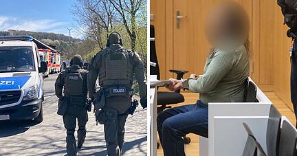 Der Angeklagte soll vor einem Jahr in Boxberg-Bobstadt mit einem Schnellfeuergewehr auf Polizisten geschossen haben (links). Ihm wird mehrfacher versuchter Mord zur Last gelegt, verhandelt wird im streng gesicherten OLG-Prozessgebäude Stammheim (rechts)