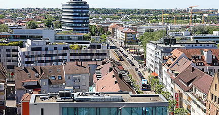 Stadtansichten, Kiliansplatz, Marktplatz, Experimenta und Rathaus Heilbronn, Blick von der Kilianskirche, Marra-Haus, Neckarturm
