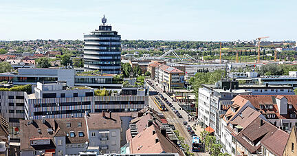 Stadtansichten, Kiliansplatz, Marktplatz, Experimenta und Rathaus Heilbronn, Blick von der Kilianskirche, Marra-Haus, Neckarturm