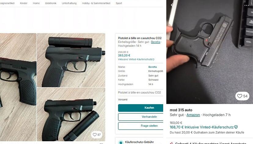 Auf dem Second-Hand-Marktplatz Vinted verkaufen private Nutzer aus dem Ausland Luft- und Schreckschusspistolen. K&auml;ufern aus Deutschland drohen Strafen, denn die Pistolen versto&szlig;en oftmals gegen das Waffengesetz.