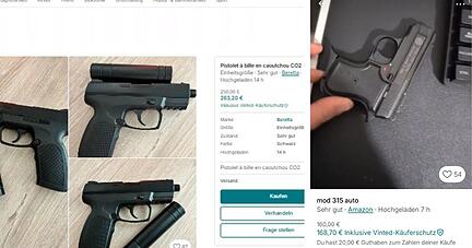 Auf dem Second-Hand-Marktplatz Vinted verkaufen private Nutzer aus dem Ausland Luft- und Schreckschusspistolen. Käufern aus Deutschland drohen Strafen, denn die Pistolen verstoßen oftmals gegen das Waffengesetz. Auf dem Second-Hand-Marktplatz Vinted verkaufen private Nutzer aus dem Ausland Luft- und Schreckschusspistolen. Käufern aus Deutschland drohen Strafen, denn die Pistolen verstoßen oftmals gegen das Waffengesetz.