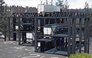 Per Handy-App kann der Stellplatz im Truck Tower gebucht werden. Mit ein paar Minuten Vorlaufzeit steht der Laster auf Wunsch wieder zur Abfahrt bereit.
Visualisierung: Vollert