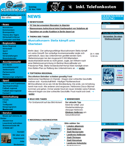 Ab Mitte 1998 sah das schon anders aus: Deutlich mehr Artikel, die in Themenbereiche untergliedert sind, sowie  Serviceelemente wie das Kinoprogramm, ein Anzeigenmarkt und eine Chatfunktion geh&ouml;ren zum Nachrichtenportal.