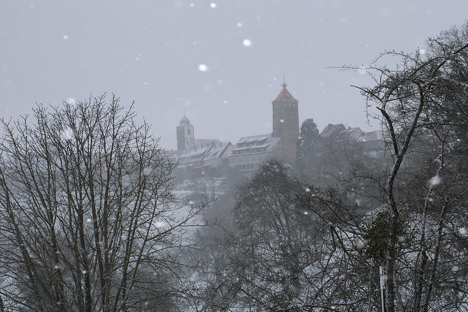 Hat man den Berg erklommen, ist das Bild perfekt: Waldenburg, verschneit unter wolkenverhangenem, grauem Himmel.