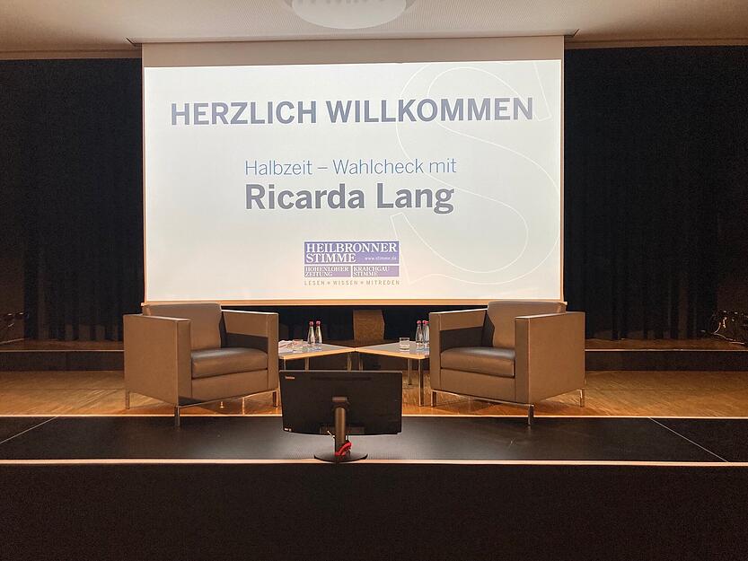 Noch sind die Sessel frei, doch in Kürze werden hier die Grünen-Politikerin Ricarda Lang und Stimme-Chefredakteur Uwe Ralf Heer Platz nehmen.