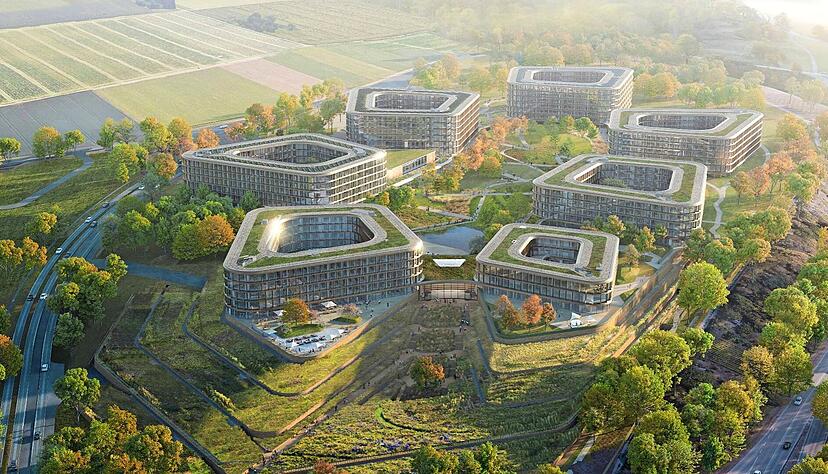 Fünf der sieben Gebäude des Schwarz-Projekt-Campus' in Bad Friedrichshall entstehen im ersten Bauabschnitt und sollen Ende 2025 fertig sein. Visualisierung: Schwarz-Gruppe Fünf der sieben Gebäude des Schwarz-Projekt-Campus' in Bad Friedrichshall entstehen im ersten Bauabschnitt und sollen Ende 2025 fertig sein. Visualisierung: Schwarz-Gruppe