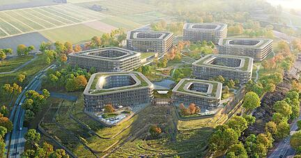 Fünf der sieben Gebäude des Schwarz-Projekt-Campus" in Bad Friedrichshall entstehen im ersten Bauabschnitt und sollen Ende 2025 fertig sein.
Visualisierung: Schwarz-Gruppe Fünf der sieben Gebäude des Schwarz-Projekt-Campus" in Bad Friedrichshall entstehen im ersten Bauabschnitt und sollen Ende 2025 fertig sein.
Visualisierung: Schwarz-Gruppe