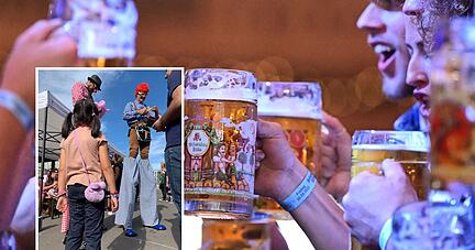 Clowns vs. Bierkrüge: Auch für Kinder hat der Wasen einiges zu bieten. Fotos: Matthias Schmid (klein), dpa/Bernd Weißbrod