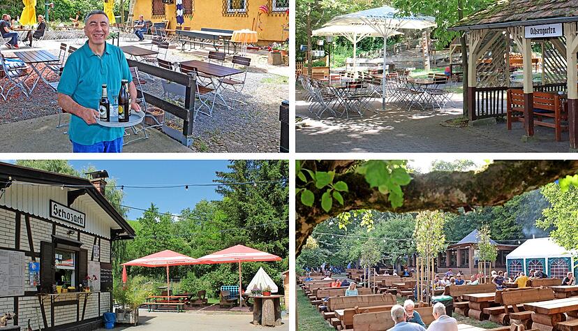 Hühnerfarm in Heilbronn (von links oben im Uhrzeigersinn nach links unten), Ochsengarten in Forchtenberg,  Waldschänke Obereisesheim und Bahnhöfle Schozach: Gemütlichkeit und Kulinarik in Biergärten im Raum Heilbronn und Hohenlohe. Hühnerfarm in Heilbronn (von links oben im Uhrzeigersinn nach links unten), Ochsengarten in Forchtenberg,  Waldschänke Obereisesheim und Bahnhöfle Schozach: Gemütlichkeit und Kulinarik in Biergärten im Raum Heilbronn und Hohenlohe.