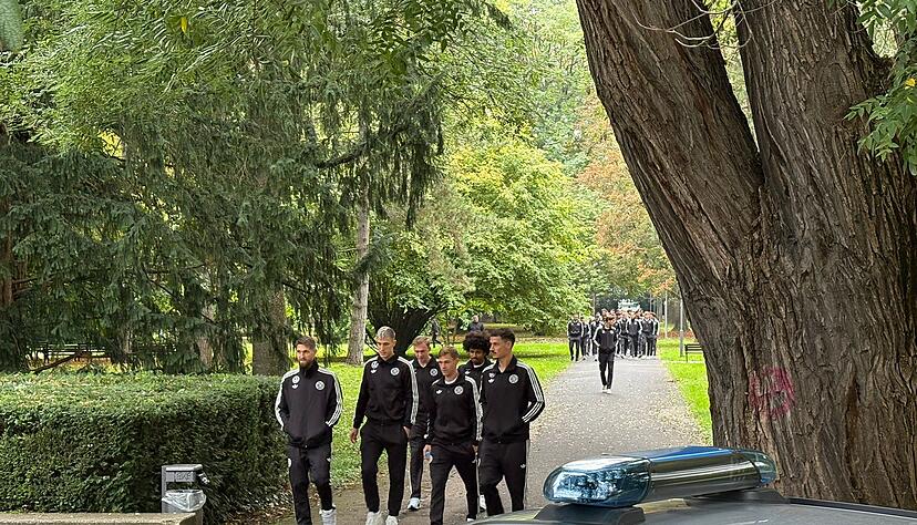 Die Abfahrt des DFB-Teams zum Sinsheim-Spiel steht bevor. Kurz bevor die Fußball-Stars das Heilbronner Parkhotel verlassen, spazieren sie durch Heilbronn.