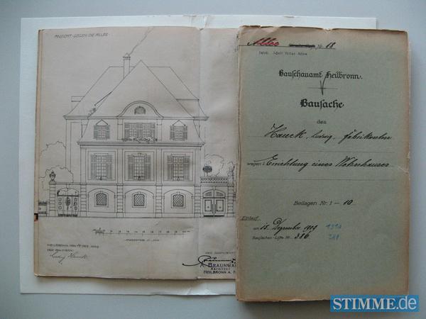 Die alte Bauakte zeigt die Villa Hauck in ihrer ursprünglichen Form. Architekt Braunwald lehnte sich an den Spätbarock im Stile Ludwigs XIV. an.