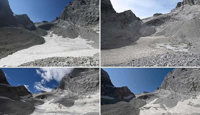 Der Watzmanngletscher in den Jahren 2021 bis 2024 (von links nach rechts in zwei Zeilen).