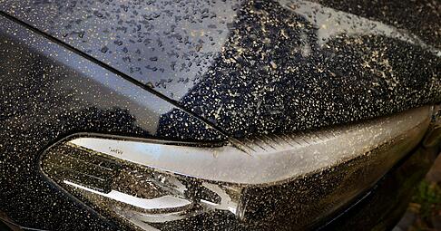 Saharastaub haftet nach einem Regen auf der Motorhaube und dem Scheinwerfer eines Autos. (Symbolbild)