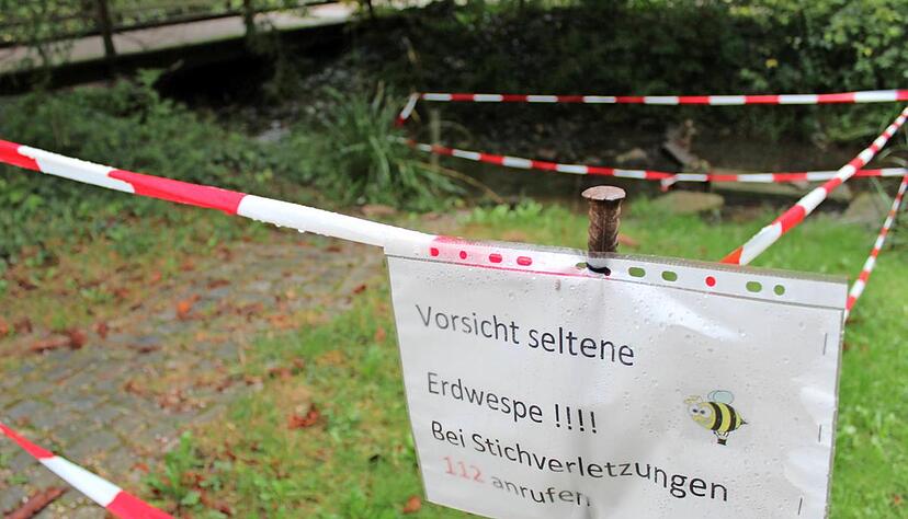 Vor Erdwespen warnt die Heilbronner Stadtverwaltung im Pfühlpark. Ein kleiner Bereich nahe der Vogelvolieren ist abgesperrt. Foto: Alexander Klug Vor Erdwespen warnt die Heilbronner Stadtverwaltung im Pfühlpark. Ein kleiner Bereich nahe der Vogelvolieren ist abgesperrt. Foto: Alexander Klug