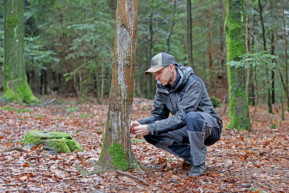 Dominik Knausenberger entfernt Baumharz um damit ein Feuer zu entfachen