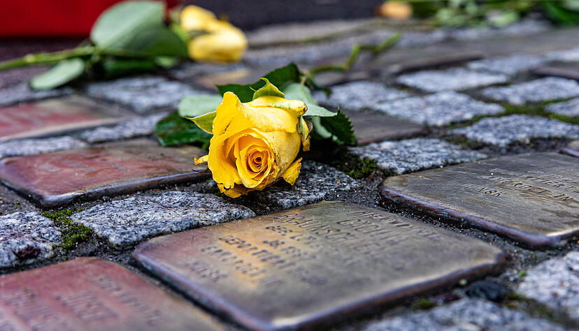 Ein Zeichen gegen Antisemitismus und gegen das Vergessen: Blumen an Stolpersteinen, die an J&uuml;dinnen und Juden erinnern, die zur NS-Zeit deportiert wurden. Foto: Sascha Lotz/dpa +++ dpa-Bildfunk +++