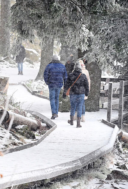 Am Mummelsee im Schwarzwald gehen Personen einen mit Neuschnee bedeckten Weg entlang.
