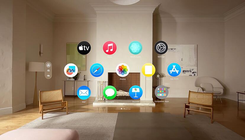 So sieht es aus, wenn die App-Symbole im Raum schweben. Man sucht die Apps mit dem Blick aus und bringt dann Daumen und Zeigefinger zusammen, um sie zu starten.