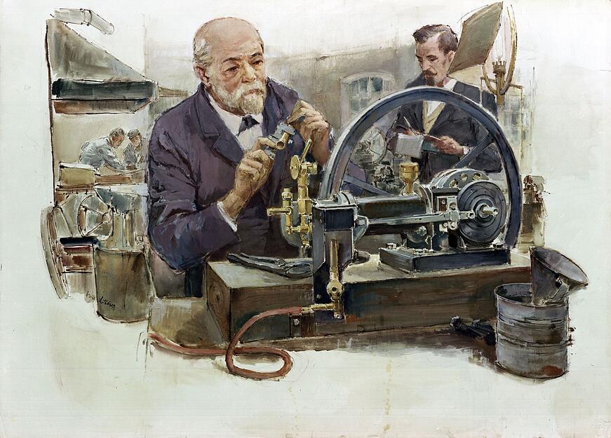 Gottlieb Daimler und Wilhelm Maybach 1883 bei der Arbeit am ersten schnelllaufenden Verbrennungsmotor.