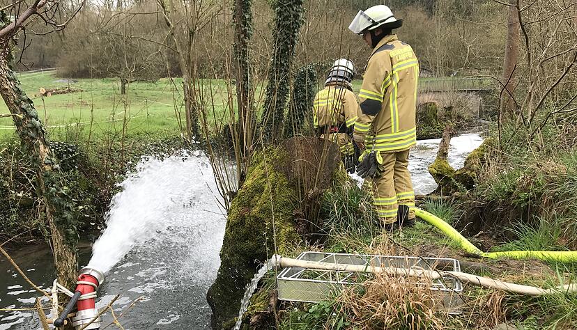 Feuerwehren und Bauhöfe aus Orten entlang der Schozach sind im Einsatz, als im April 2019 eine Chemikalie in den Fluss gelangt und sämtliche Fische tötet.
Foto: Archiv/Hoffmann