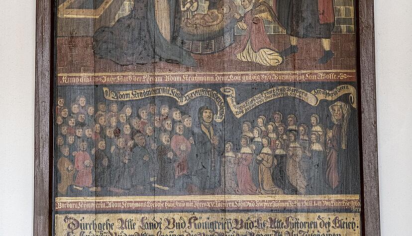 Im unteren Bereich des Gem&auml;ldes ist das Ehepaar Barbara und Adam Stratzmann zu sehen, im oberen Bereich die Geburt Jesu im Stall von Bethlehem.
Foto: Christiana Kunz