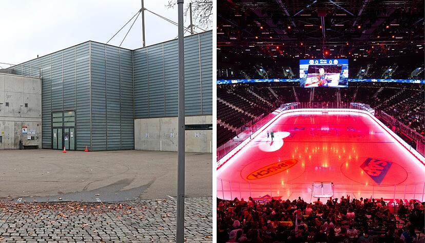 Wenn der Bildungscampus ein weiteres Mal erweitert wird, muss die Eissporthalle (links) verschwinden. In einer neuen Halle wie beispielsweise der multifunktionalen Sportarena SAP Garden in München (rechts) könnten neben Eishockeyspielen auch andere Veranstaltungen Konzerte stattfinden.