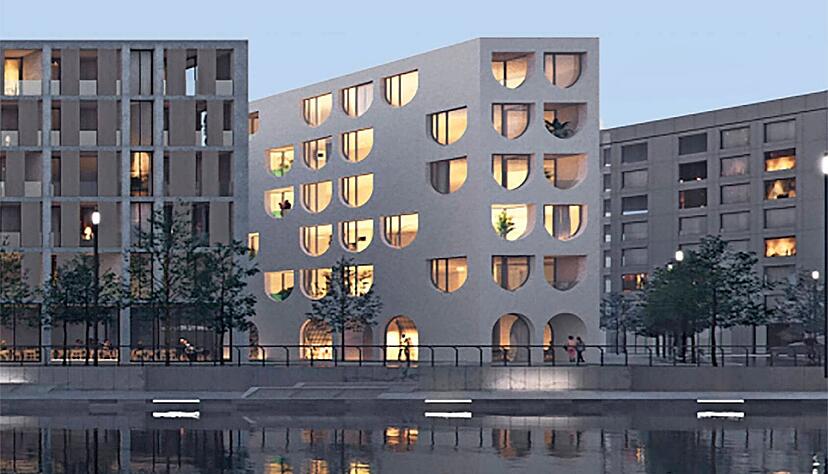 Das Gebäude (Mitte) stammt von Hadi Teherani. Je ein Gebäude dieser Art wird einmal ein Eckgrundstück der Baufelder K und M zieren. Das Gebäude (Mitte) stammt von Hadi Teherani. Je ein Gebäude dieser Art wird einmal ein Eckgrundstück der Baufelder K und M zieren.