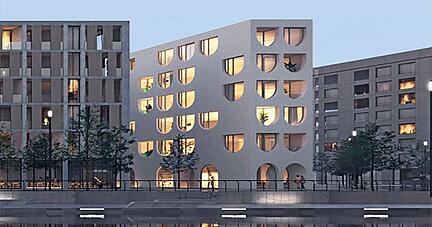 Das Gebäude (Mitte) stammt von Hadi Teherani. Je ein Gebäude dieser Art wird einmal ein Eckgrundstück der Baufelder K und M zieren.