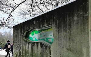 Eine Betonstele umreißt die bewegte Historie der Waldheide.
Fotos: Kilian Krauth
