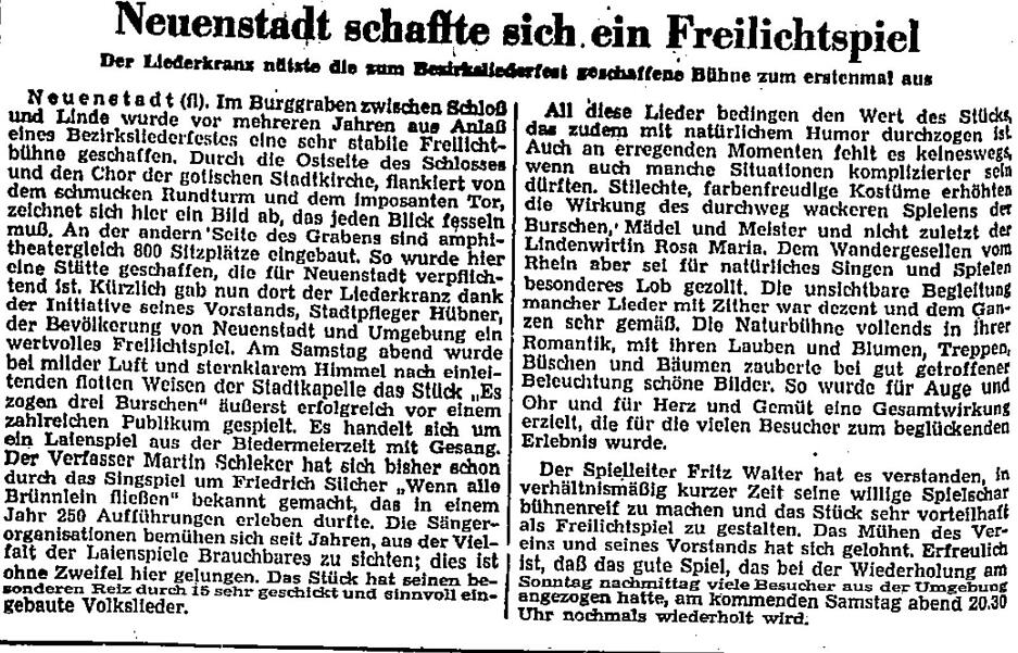 Zusammengestellt von Archiv und Dokumentation der Heilbronner Stimme 
Die Freilichtspiele Neuenstadt starten mit "Die blaue Maus" in ihre 60. Spielzeit.
Am 27. Juli 1958 erscheint die erste Rezension in der Heilbronner Stimme: ....das Stück "Es zogen drei Burschen" äußerst erfolgreich vor einem zahlreichen Publikum gespielt. Der Spielleiter Fritz Walter hat es verstanden, in relativ kurzer Zeit seine willige Spielschar bühnenreif zu machen und das Stück sehr vorteilhaft als Freilichtspiel zu gestalten".