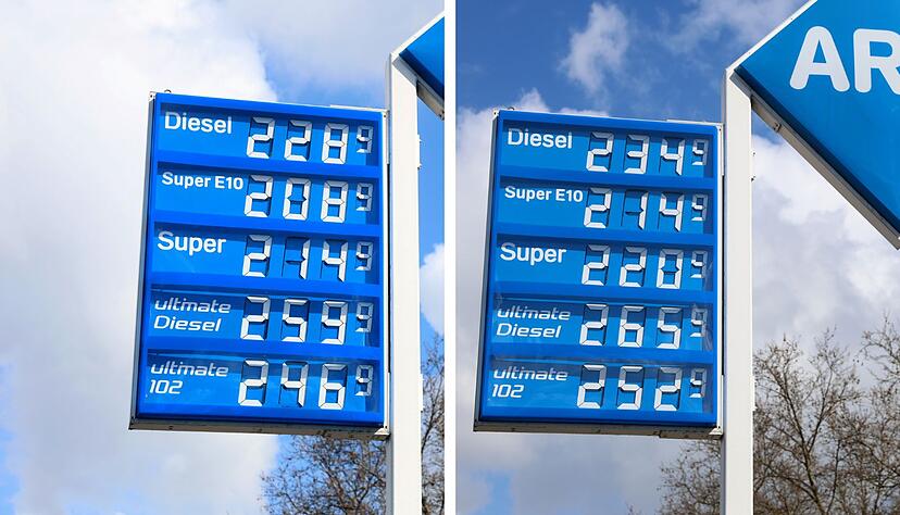 Die Spritpreise stiegen am Mittwochmittag teils kr&auml;ftig an &ndash; so wie hier an der Aral-Tankstelle in Heilbronn in der Neckarsulmer Stra&szlig;e (links vor, rechts nach der Erh&ouml;hung).