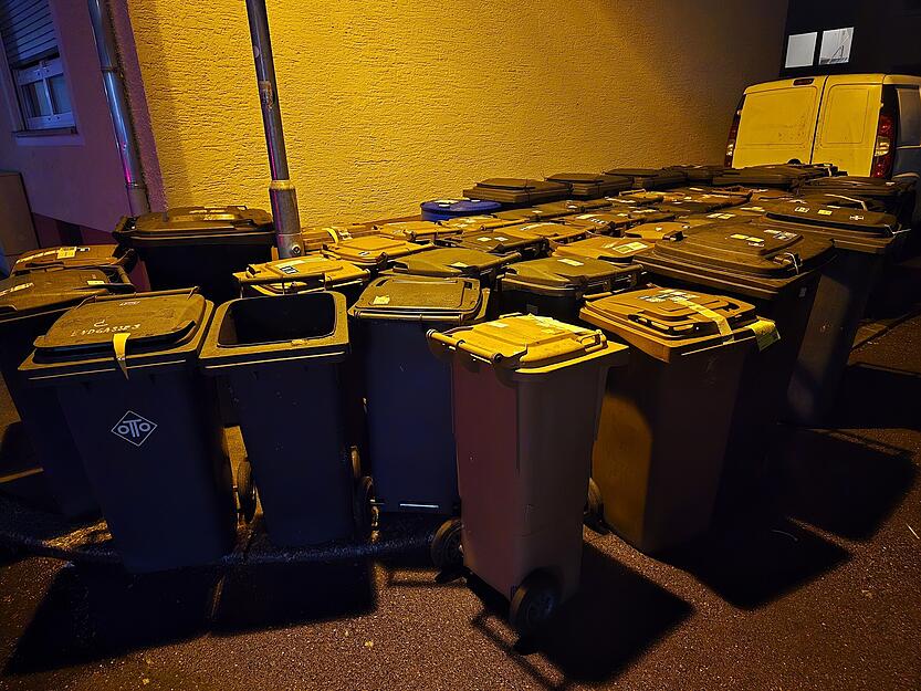 Die alten Abfallbeh&auml;lter blockieren teilweise Gehwege, sodass Fu&szlig;g&auml;nger auf die Stra&szlig;e ausweichen m&uuml;ssen.