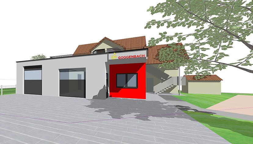 So wird das modernisierte Feuerwehrhaus in rund zwei Jahren aussehen: Das sogenannte Rendering der Planer zeigt den geplanten Anbau.
Visualisierung: Architekturb&uuml;ro