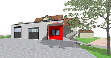 So wird das modernisierte Feuerwehrhaus in rund zwei Jahren aussehen: Das sogenannte Rendering der Planer zeigt den geplanten Anbau.
Visualisierung: Architekturb&uuml;ro