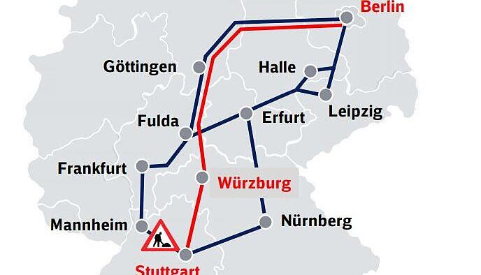 Rot: temporäres ICE-Zugpaar
Blau: bestehende Alternativen
Foto: Bahn.de