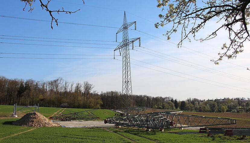 Ein Fundament und viele Einzelteile eines Masts sind hier auf einer Fläche bei Friedrichsruhe zu sehen. Mehr als 100 Masten müssen für die Höchstspannungsleitung nach Großgartach neu gebaut werden, da die alten ungeeignet sind. Ein Fundament und viele Einzelteile eines Masts sind hier auf einer Fläche bei Friedrichsruhe zu sehen. Mehr als 100 Masten müssen für die Höchstspannungsleitung nach Großgartach neu gebaut werden, da die alten ungeeignet sind.