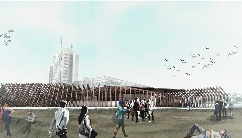 Eine geschwungene Holzkonstruktion führt die Buga-Besucher in den Landkreis-Pavillon. Das Gebäude soll nach der Gartenschau weiterverwendet werden. Animationen: Reinecke New Media/Herzog und Herzog